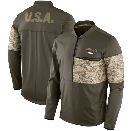 Men's New England Patriots Nike Olive Salute to Service Sideline Hybrid Half-Zip Pullover Jacket - Click Image to Close